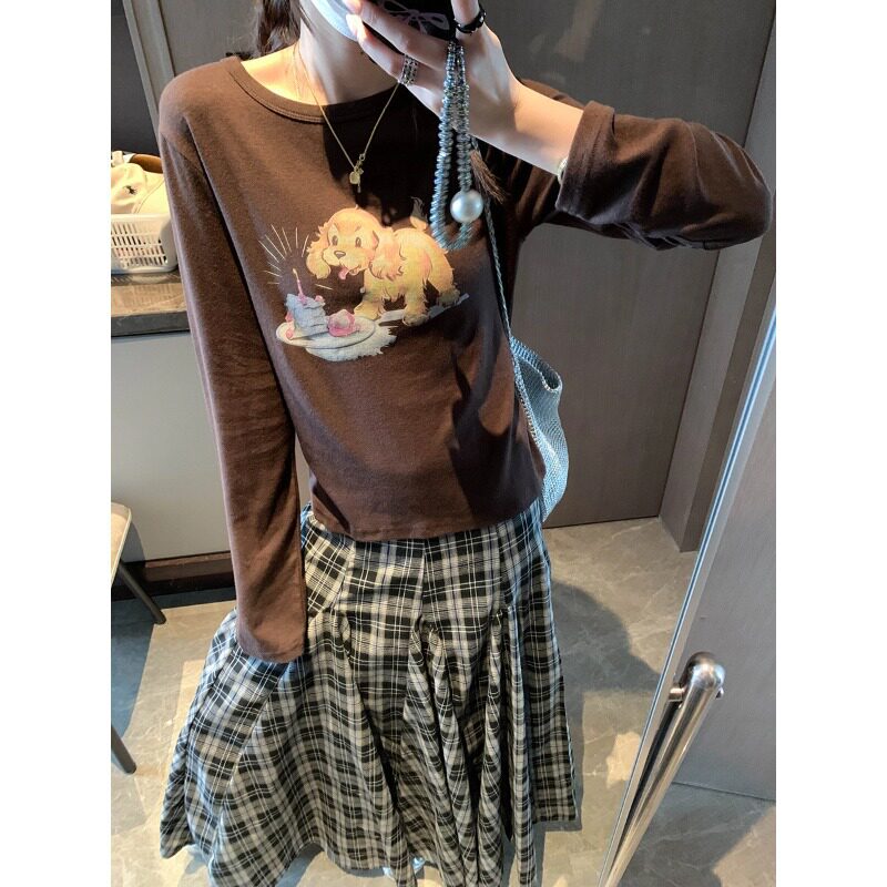 博主氛围感 卡通小狗蛋糕印花圆领显瘦百搭长袖T恤