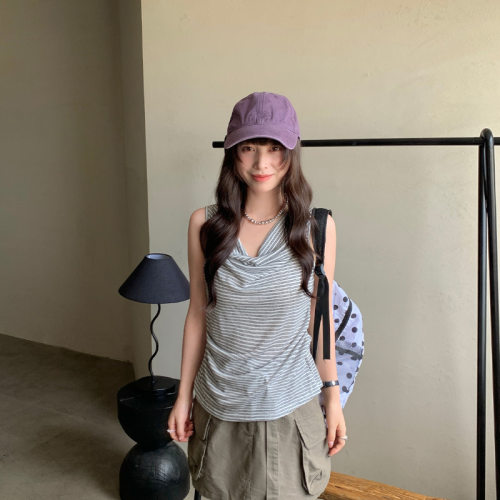 you think十三行夏季新U型荡领无袖韩系百搭贴身条纹背心女