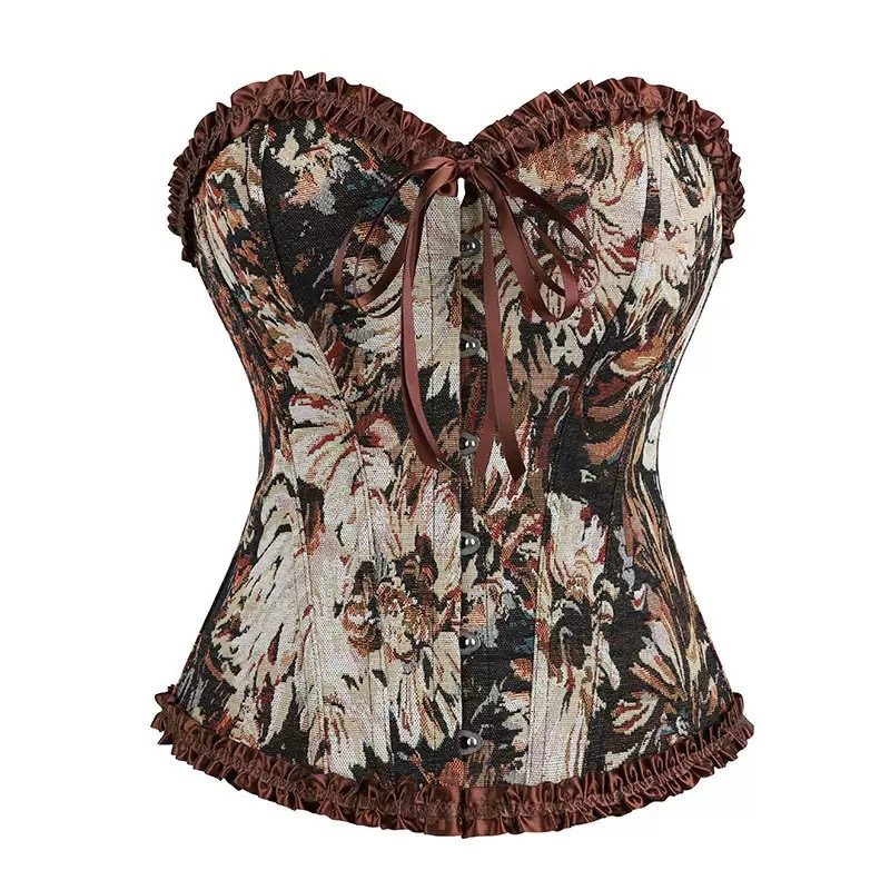 新款咖啡色花瓣彩绘宫廷束身衣美体托胸塑造塑身上衣束身紧身外穿
