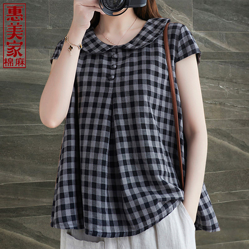 2023夏季上衣女短袖棉麻格子衬衫宽松休闲t恤娃娃领衬衣复古小衫