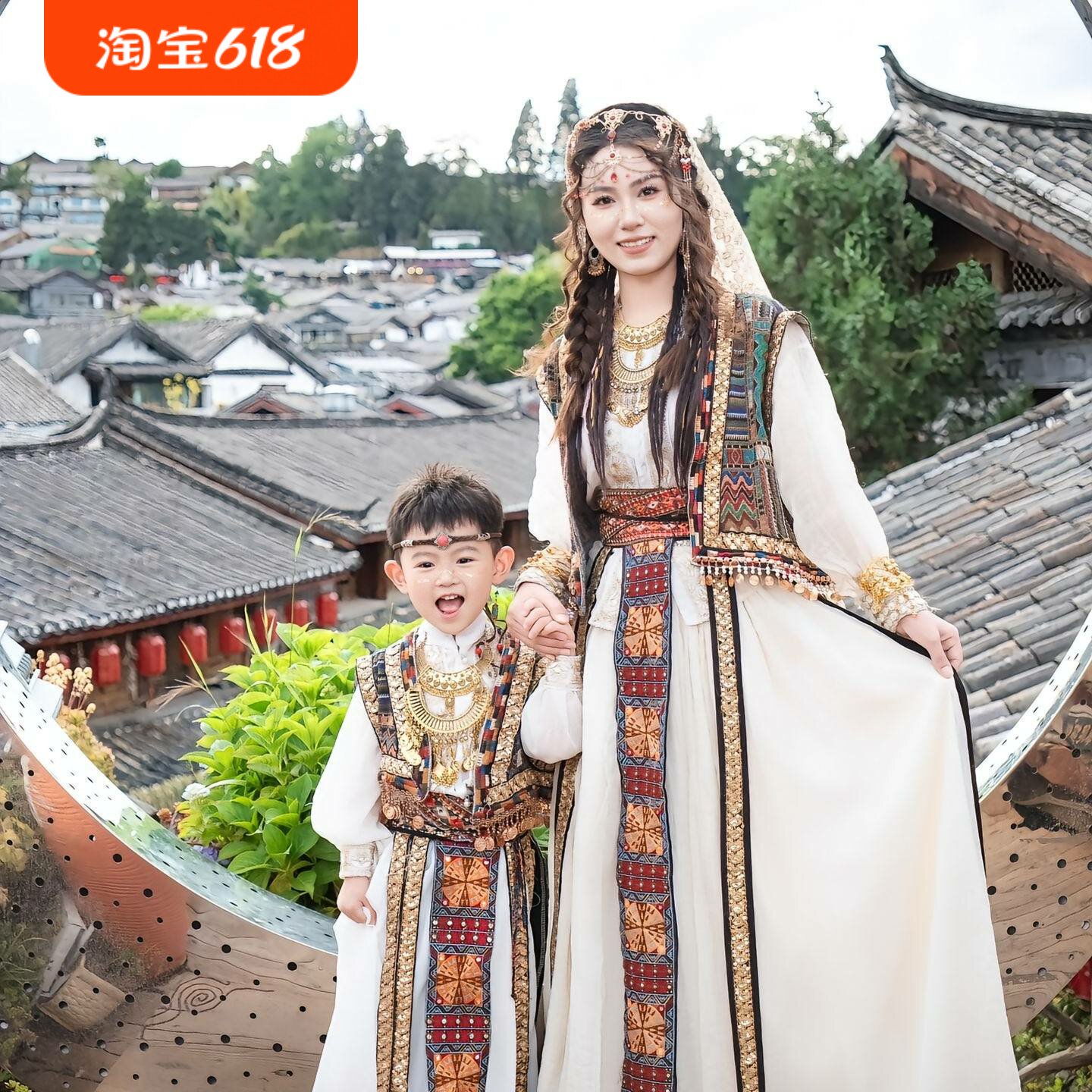 亲子装母子白新疆套装少数民族服装云南大理旅游拍照服饰异域风情