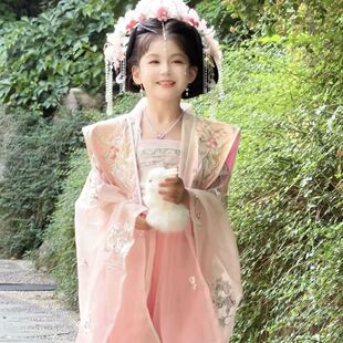 宋制簪花汉服女童齐腰重工珍珠国风玉兔刺绣霞帔粉色长衫套装绝美