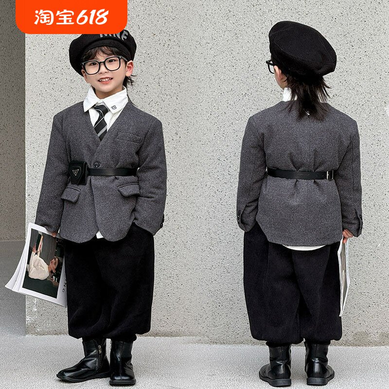 白鸭绒男童羽绒服外套套装冬季呢子儿童无领西装上衣灰色花童高级