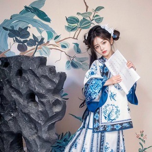 套装 清朝格格服宫廷风晚清汉服女童古风青花瓷马面裙套装 新中式