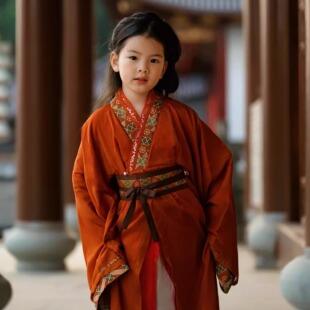 女童汉服春秋战国袍广袖儿童国风小女孩橘红演出寻秦记魏晋南北朝