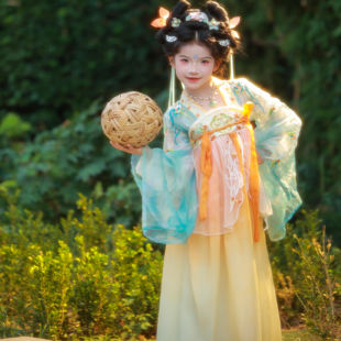 女童汉服刺绣长袖襦裙大袖儿童国风蓝橘连衣裙月下花神古风演出服