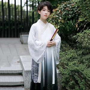 男童汉服春夏儿童古装端午节宋制少爷国学渐变墨色竹子马面裙套装