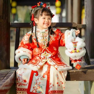 福锦年汉服女童秋冬加绒加厚明制外套儿童马面裙拜年服夹棉过年服