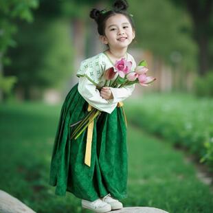 女童汉服唐制长袖新款秋季幼儿绿色连衣裙高端古风半袖假两件襦裙