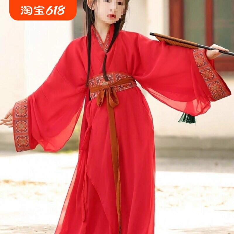 新款战袍汉服女童古装直裾袍中风仙气复原款交领中秋节演出服