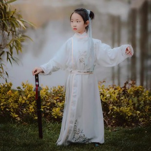 小百里女童汉服白色圆领袍套装国风儿童唐装古装侠客风少爷剑士秋