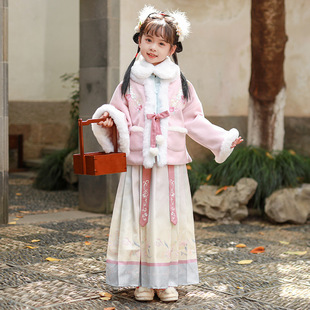 冬季女童汉服明制套装儿童国风马面裙女宝桃花粉甜妹国风刺绣外套
