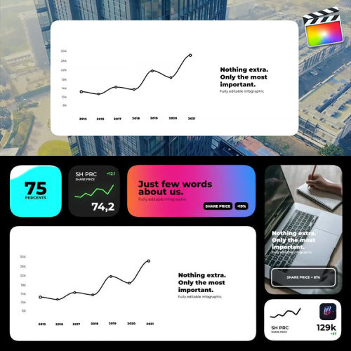 FCPX模板-6组简约时尚动态信息图表文字标题折线图排版B站UP介绍