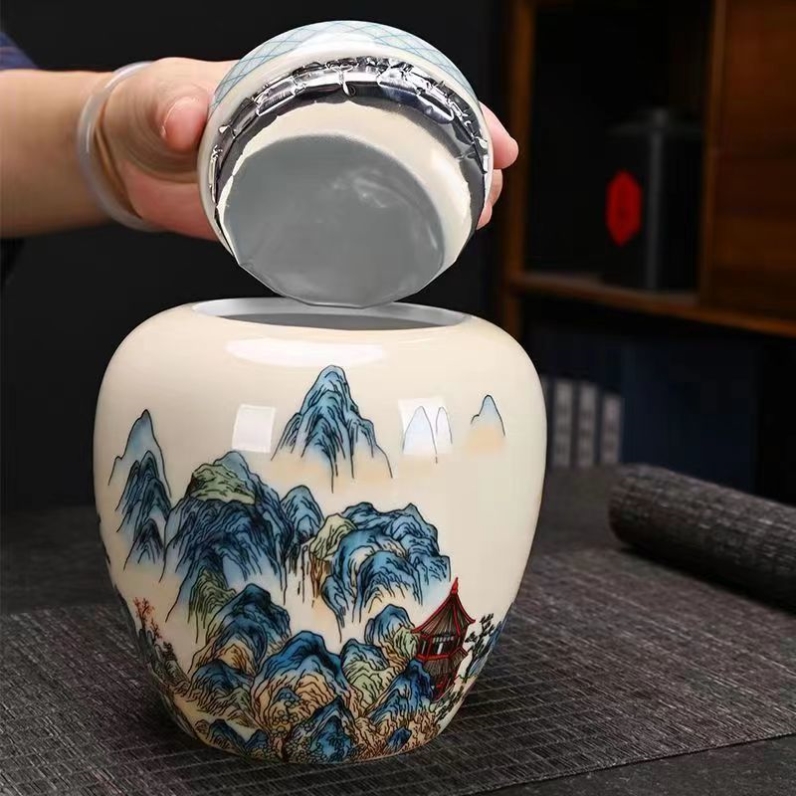 茶叶罐陶瓷密封罐家用中号山水图空罐防潮醒茶罐茶叶收纳缸陶罐
