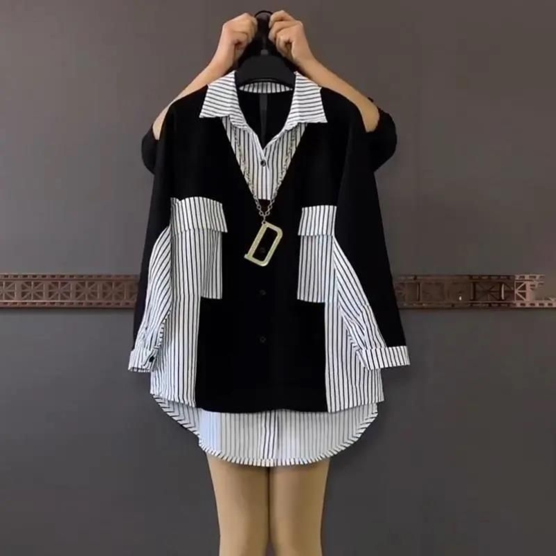 胖子大码女装宽松显瘦中长款撞色条纹衬衫时尚上衣洋气遮肉衬衣