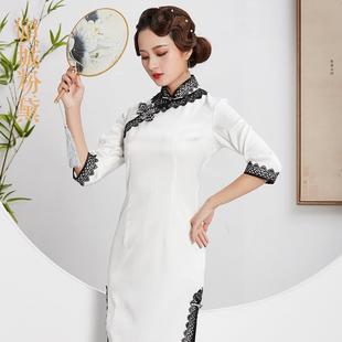 倾城粉黛真丝长款蕾丝花边中袖旗袍裙礼服冬天旗袍加绒加厚纯色