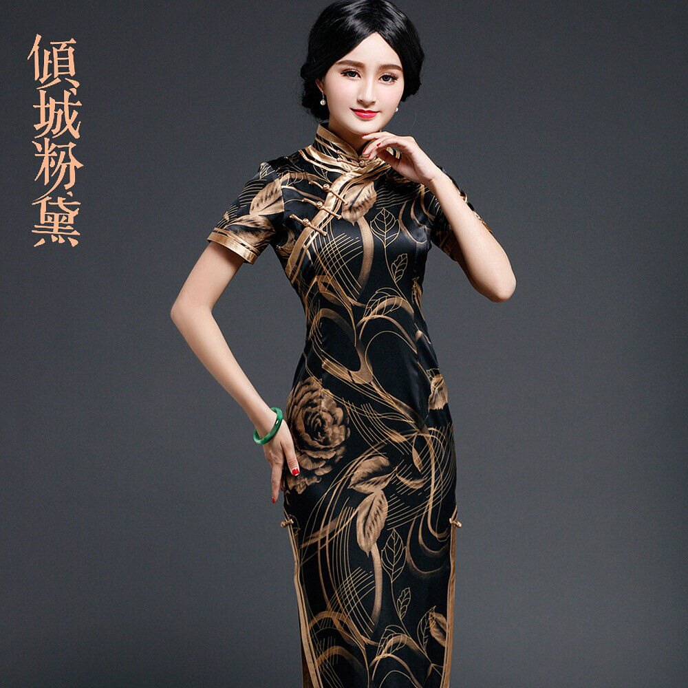 倾城粉黛老上海春夏新款重磅真丝立体花高端修身旗袍精品日常宴会