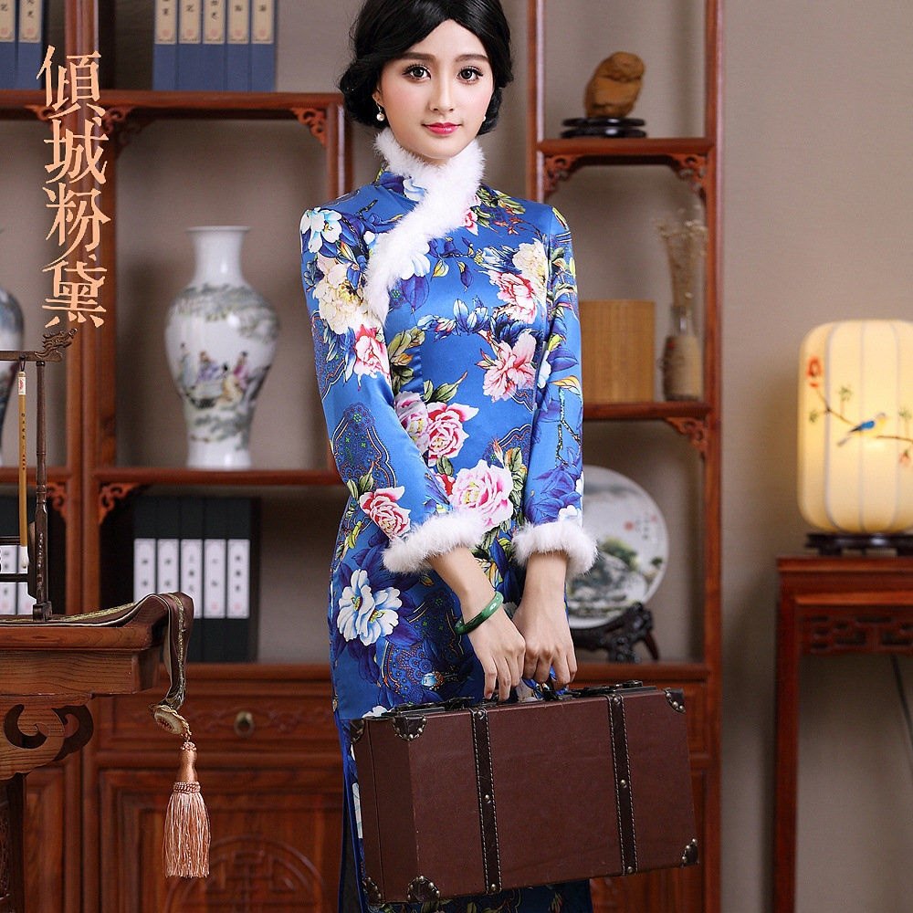 高端定制新款改良时尚夹棉真丝长款旗袍裙日常复古女士修身旗袍