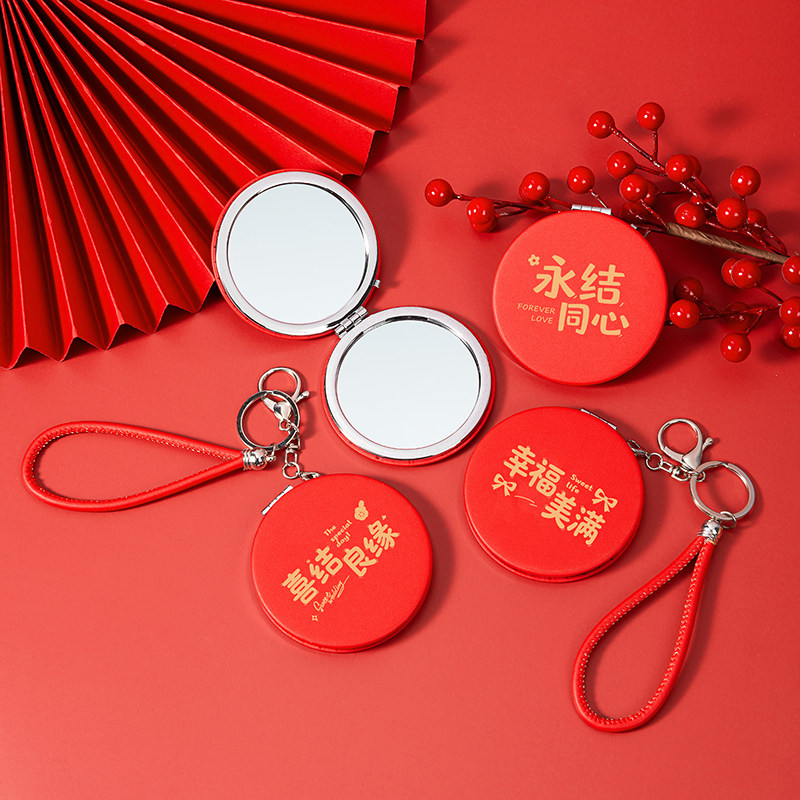 喜嫁陪嫁镜子大红色双面小镜子婚庆化妆镜新娘结婚手持补妆镜