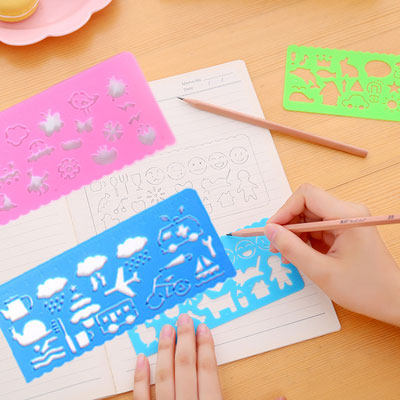 韩国文具创意糖果色塑料卡通画画尺儿童美术尺绘画模板尺手账装饰