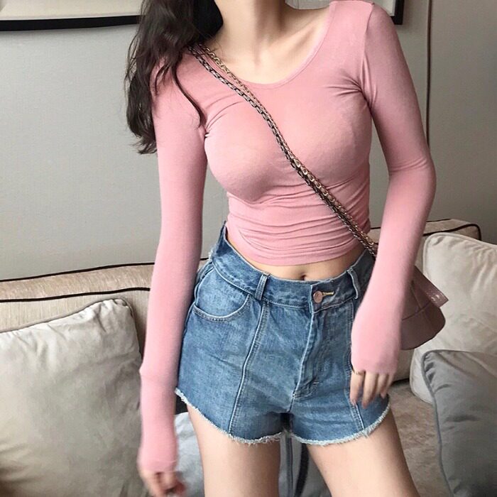 网红chic紧身弹力U领显胸粿粉色梅子色T恤长袖修身内搭打底上衣女