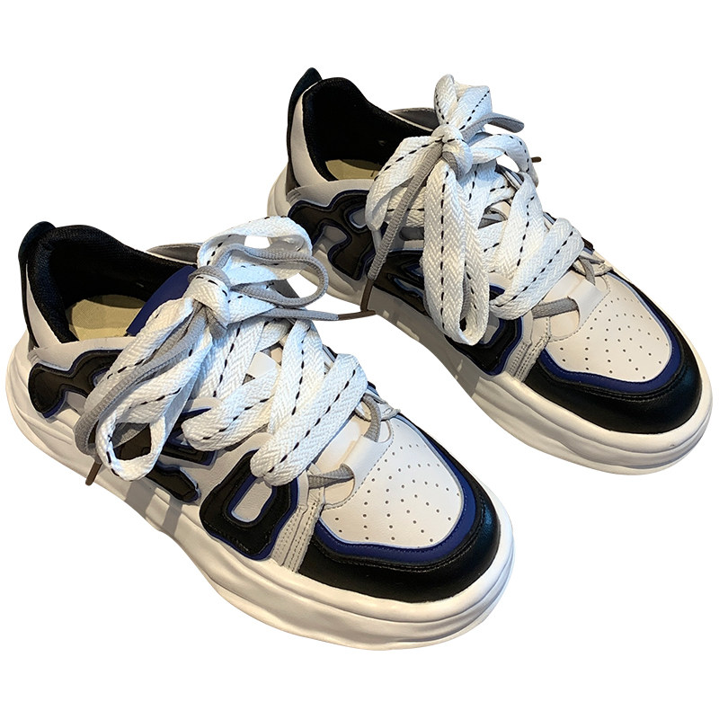 ZASAFRAN DONT WORRY ABOUT MATCHING FASHIONABLE AND SIMPLE SMALL WHITE SHOES WOMENS COLOR-BLOCKED LACE-UP LEATHER THICK-SOLED 4CM CASUAL SHOES