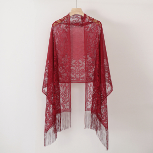 纯色搭配旗袍开衫礼服蕾丝披肩围巾夏季长款大红色防晒流苏披肩