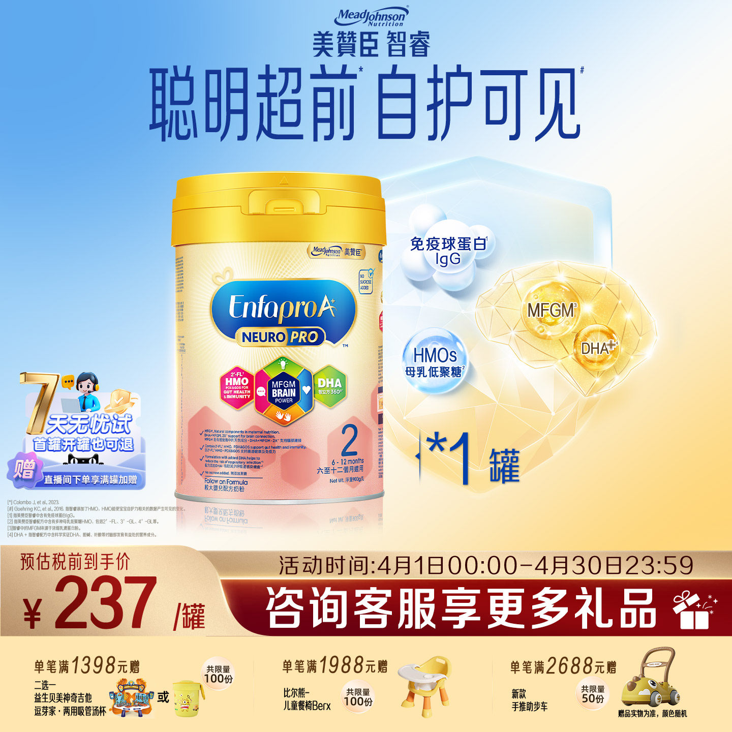 美赞臣港版进口6-12月智睿HMO婴幼儿配方奶粉Neuropro2段900g1罐