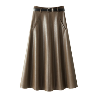 咖色PU皮半身裙女2025新款秋季高腰显瘦垂坠感中长款A字大摆伞裙