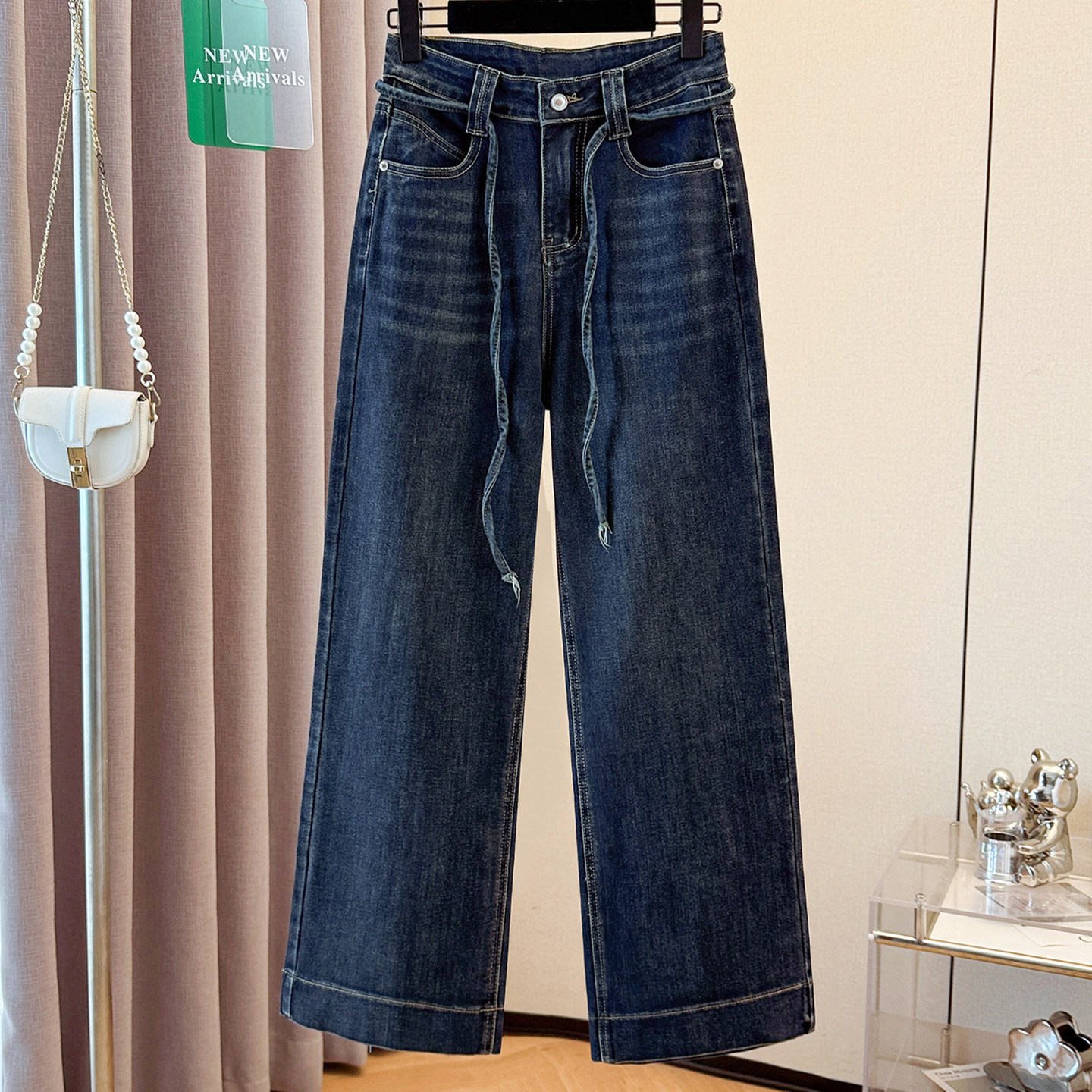 蓝色牛仔阔腿裤女2025新款秋季美式复古高腰显瘦宽松拖地直筒裤子