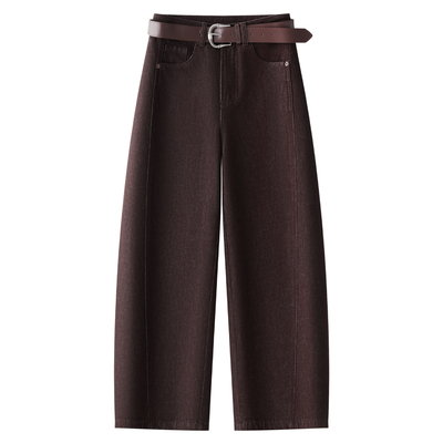 棕色牛仔哈伦裤女2025新款秋季高腰显瘦宽松弯刀裤阔腿垂感老爹裤