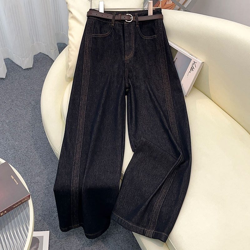 蓝色阔腿牛仔裤女2025新款秋冬款美式高腰宽松显瘦复古直筒长裤子