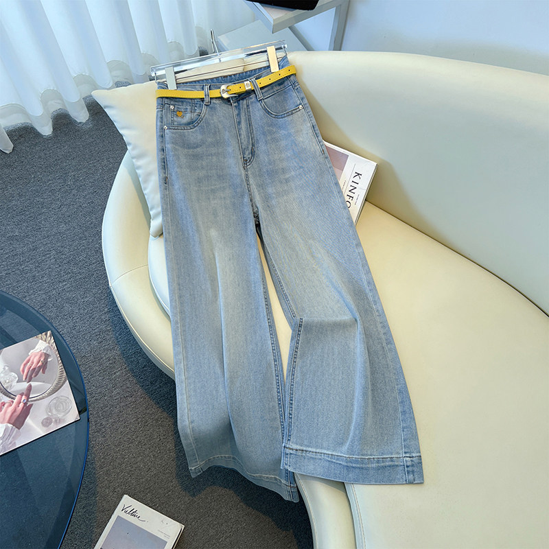 蓝色阔腿牛仔裤女2025夏新款宽松慵懒风高腰气质显瘦九分直筒裤子