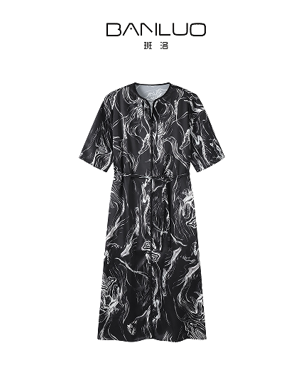 班洛|桑蚕丝面料水墨画印花圆领中袖连衣裙LYQ1009