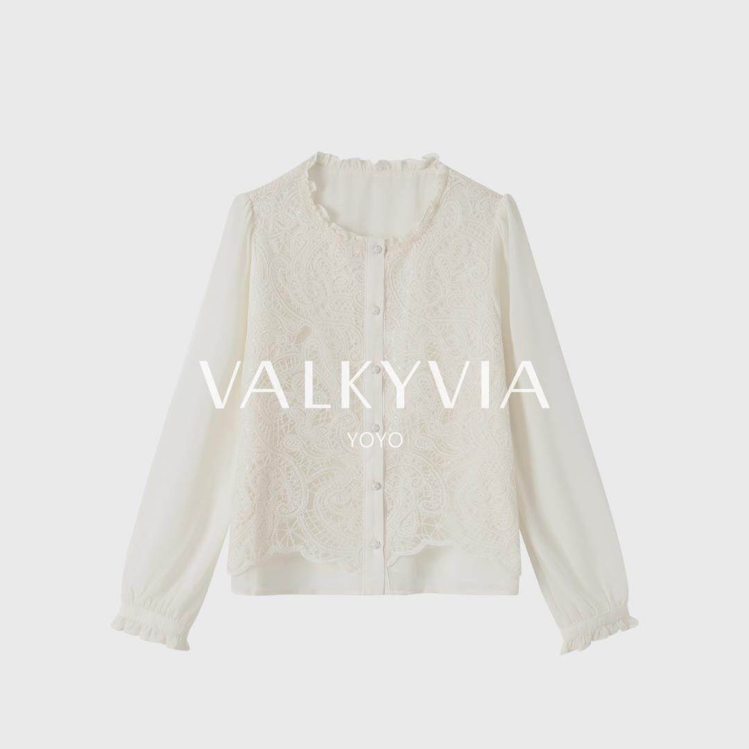 授权【Valkyvia/悠悠奢品】乔其纱泡泡长袖木耳边领轻奢通勤