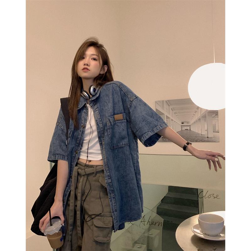 胖妹妹夏季2025年新款polo领牛仔衬衫女薄款大码宽松