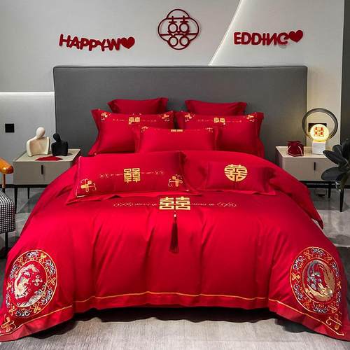 高档龙凤刺绣陪嫁结婚四件套红色床单被套磨毛婚庆四件套床上用品