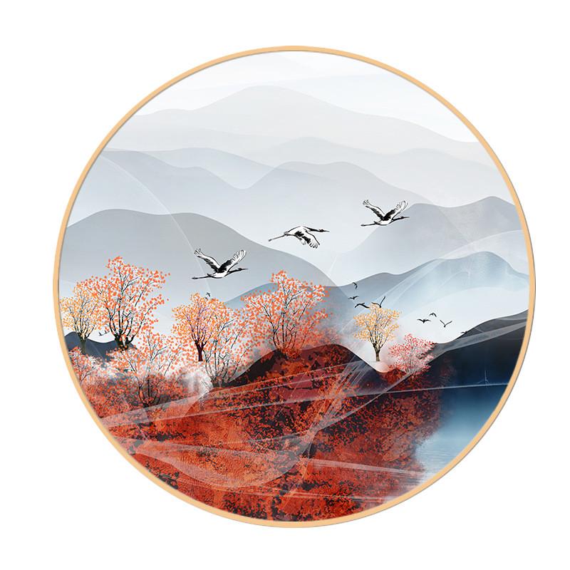 新中式客厅圆形装饰画画圆框铝合金山水画餐厅挂画玄关水墨墙壁画