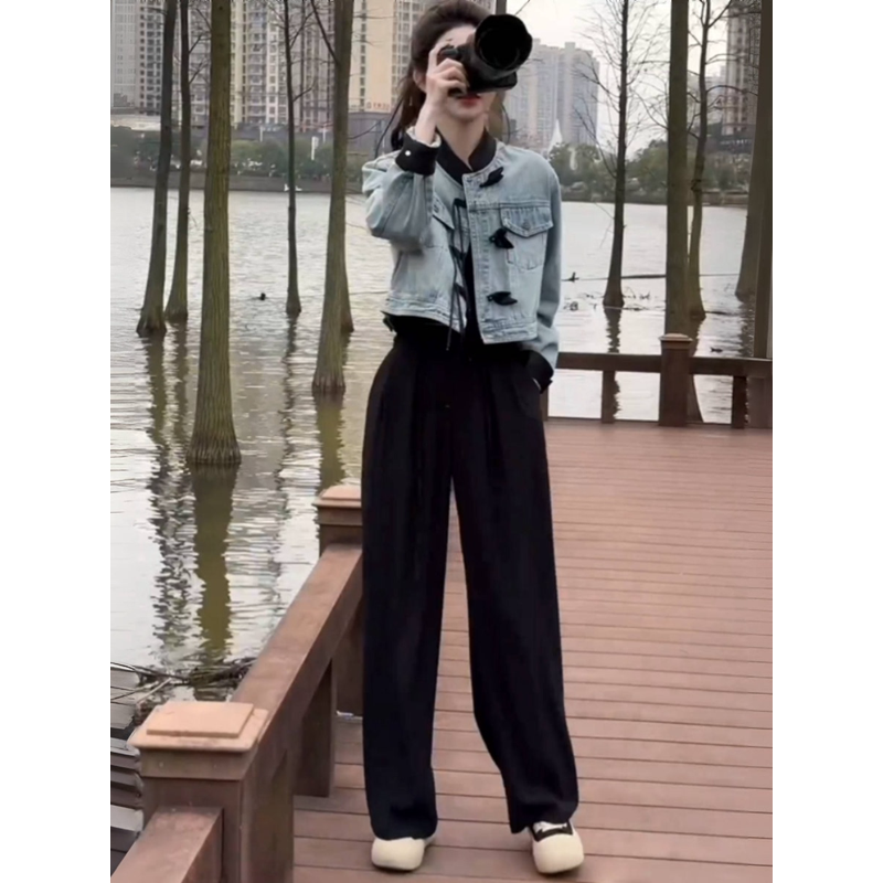 今年流行时尚国风套装女2025早春新中式盘扣牛仔阔腿裤两件套,女装/女士精品,短外套,淘宝优惠券,粉丝福利购,淘宝优惠卷