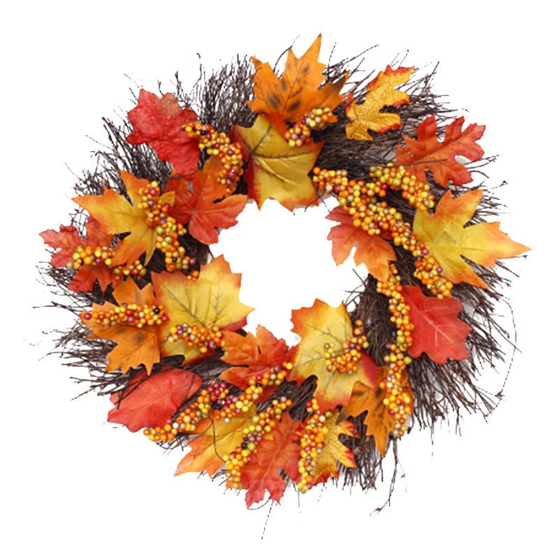 藤编枫叶浆果万圣节花环家居感恩节装饰花环仿真门挂秋色壁挂