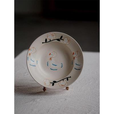 【叶子手作】手绘釉下彩餐具草帽盘圆形日式可爱哑光田园风作家器