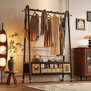 美世达落地衣帽架卧室中古风皮革收纳一体多功能可移动房间挂衣架