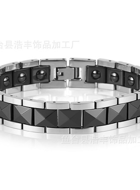 陶瓷手链现货供应 钛钢黑色陶瓷批花磁性饰品手链 男士磁手链批发