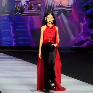 2026新款女童模特走秀演出服女童红色拖尾裙礼服T台走秀演出服