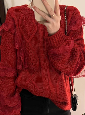 秋冬爆款复古麻花外穿针织衫蕾丝拼接毛衣女套头韩版宽松学生短款