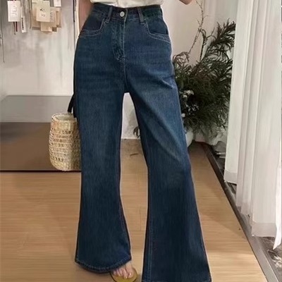 韩系薄款高腰深蓝色微喇牛仔裤女