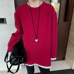 韩系圆领拼接下摆舒适保暖毛衣女2025冬季新款时尚百搭针织衫上衣