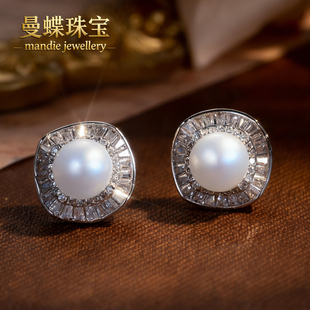 天然无核淡水真珍珠耳钉气质方钻款耳钉支持质检可刮粉珍珠耳钉