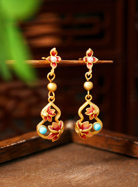 原创设计中国风珐琅掐丝925银针福禄双全人造松石古风葫芦耳钉女
