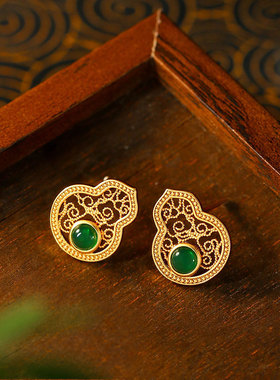 新中式葫芦福禄镂空花丝耳钉中国风祖母绿耳环时尚高级感百搭耳饰